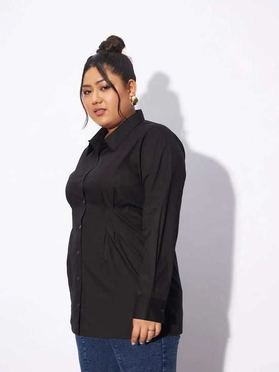 Women Black Poplin Pleated Slim Waist Shirt