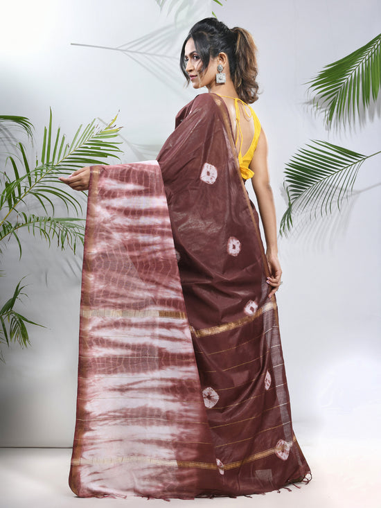 Brown And White Shibori Printed Silk Saree-MA56BSL34610005