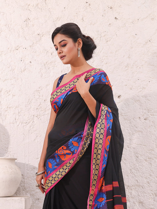 Black Pure Cotton Soft Saree With Nakshi Border-MA54CT33440062