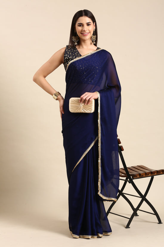 Avanshee Women's Latest Georgette Solid Saree With Unstiched Embroidred Blouse-AVN-1691-NAVY BLUE