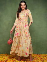 Ahika Women Cream Silk Blend Floral Embroidered Maxi Ethnic Dress with Longline Shrug