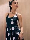 Women Black Polka Dot Front Slit Strappy Midi Dress