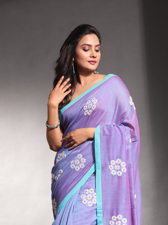 Blue Pure Cotton Soft Saree With Floral Embroidery Work-MA54CT33580095