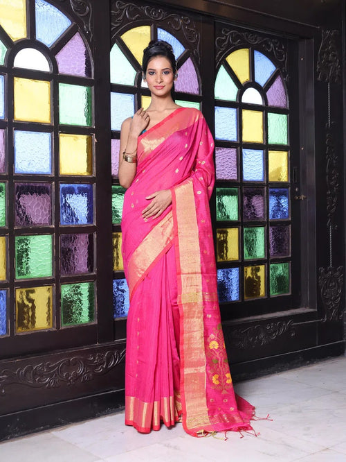 Hot Pink Cotton Saree With Zari Borders-MA64BCT401190039