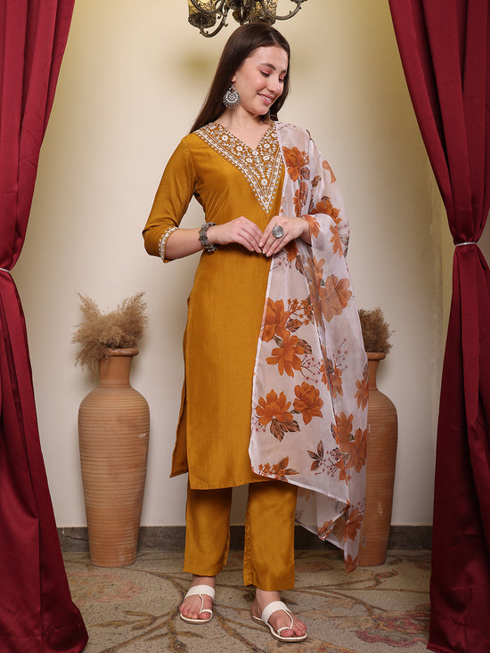 Avanshee Women's Latest Solid Embroidred Silk Blend Kurta, Pant With Dupatta Set-ES-7528