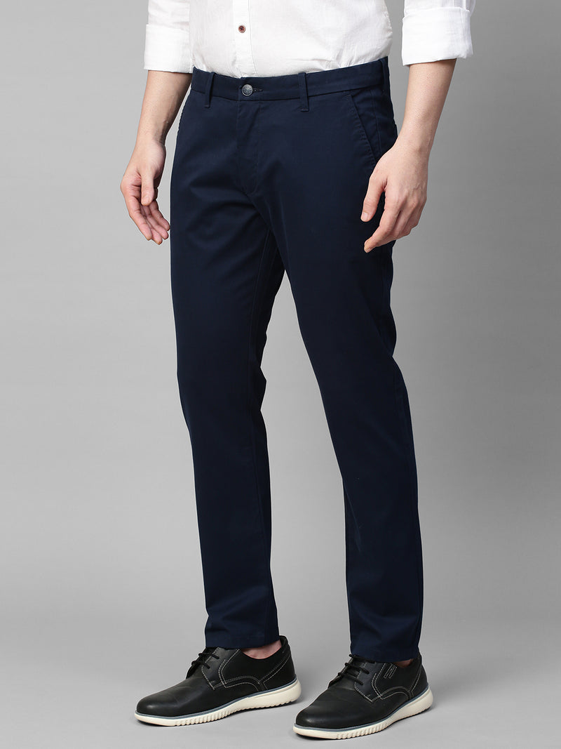 Genips Men's Cotton Stretch Caribbean Slim Fit Solid Trousers - Navy Color