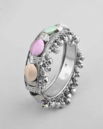 Silver-Plated Multi Colour Stone Studded Oxidized Cuff Bracelet-VOJ361