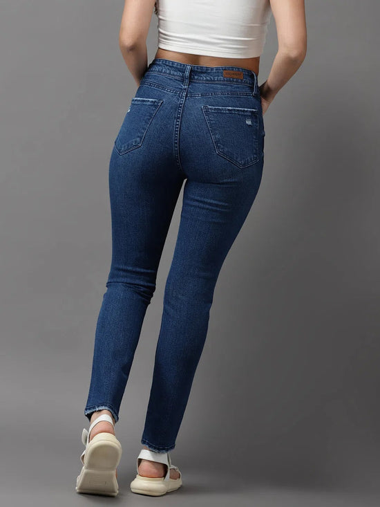 Women's Navy Blue Solid Slim Fit Denim Jeans-GZ-5206-Navyblue