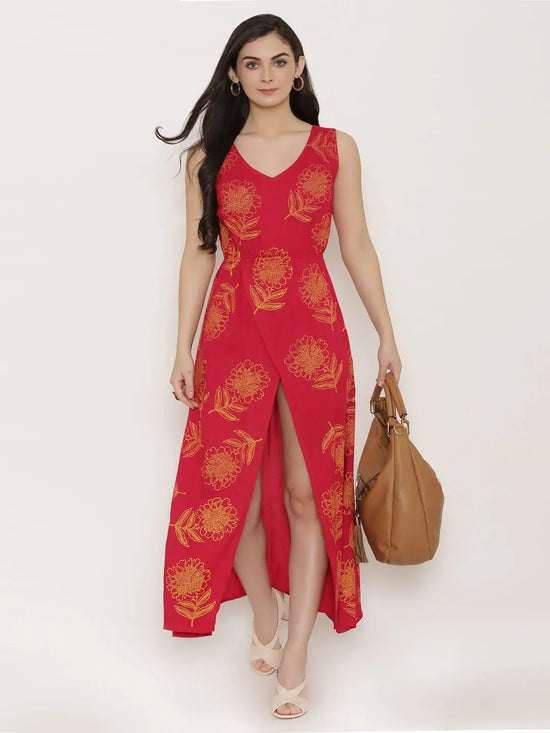 Block Printed Front overlap Maxi dress in Red