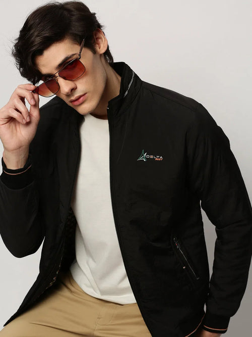 Men Black Solid Casual Bomber Jackets-ZD-3200-Black