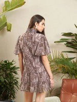 Women Brown Floral Frill Hem Short Dress