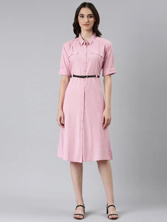 Women Pink Solid A-Line Dress-DF-1587-Pink