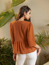 Women Rust Dobby V-Neck Peplum Top