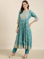 Women Turquoise Blue Floral Kurta Set-FS-3056-Turquoiseblue