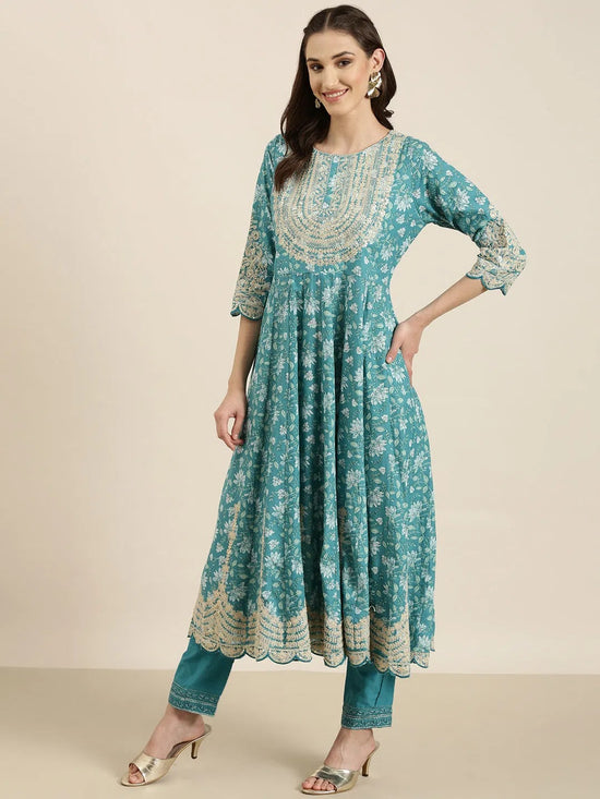 Women Turquoise Blue Floral Kurta Set-FS-3056-Turquoiseblue