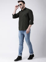 Hangup Men Slim Solid Shirts-CollarOliveShirt