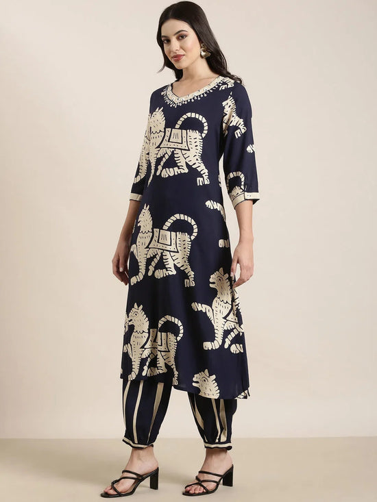 Women Straight Navy Blue Ethnic Motifs Kurta and Trousers Set-GW-4581-Navyblue