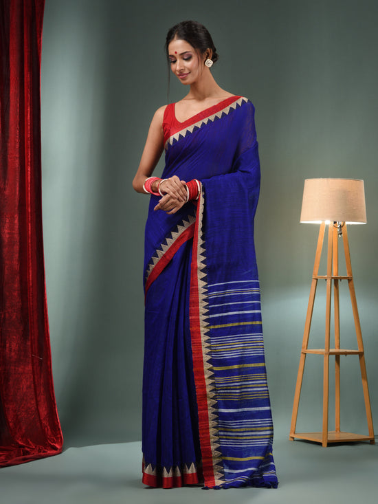 Royal Blue Silk Linen Handwoven Saree With Temple Border-MA50SLN061100099