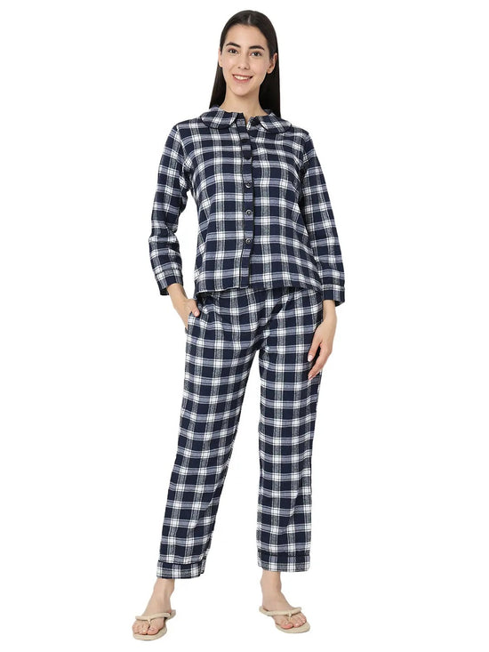 Smarty Pants Women's Brush Cotton White & Blue Color Checks Night Suit