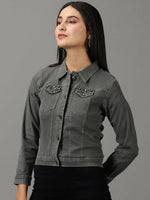 Women's Grey Solid Denim Jacket-AE-9512-2-Grey