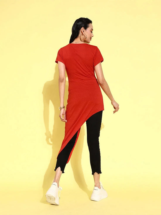 Veni Vidi Vici Red Asymmetric Hem Long Top