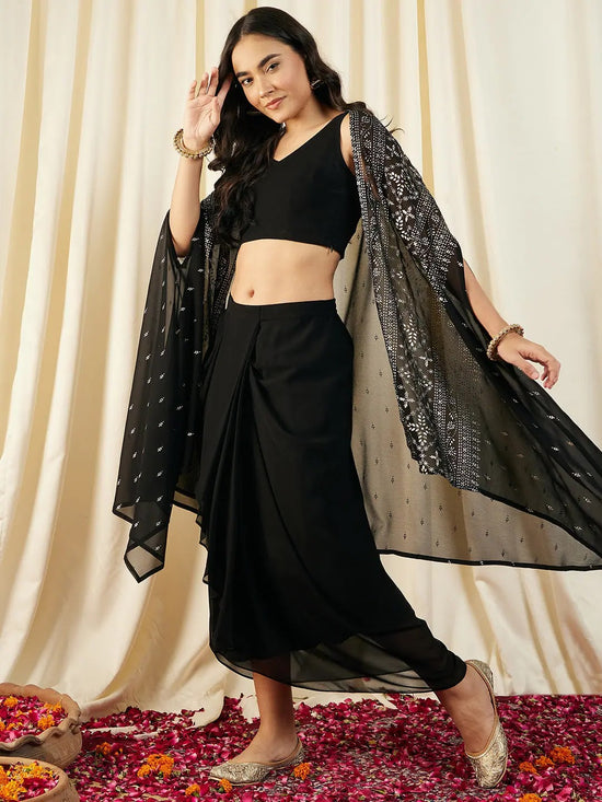 Crop Top with Draped Skirt And Cape in Black Color