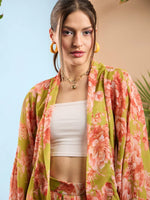 Women Green Floral Kimono Shrug With Shorts