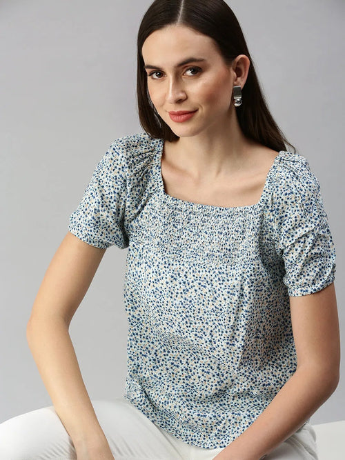 Women's White Printed Tops-ON-01-Whiteblue