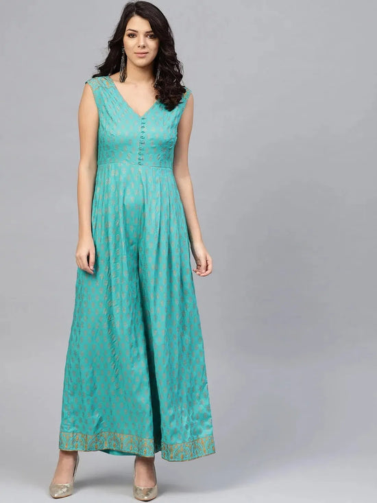 Front loops with flare pleated pants printed jumpsuit in Mint Blue