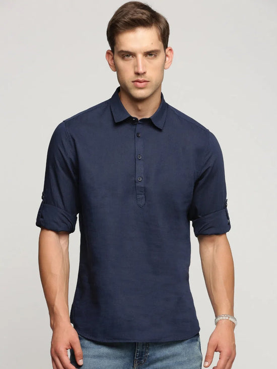 Men Navy Blue Solid Shirt Collar Casual Short Kurta-LAGOM-2013-Navyblue