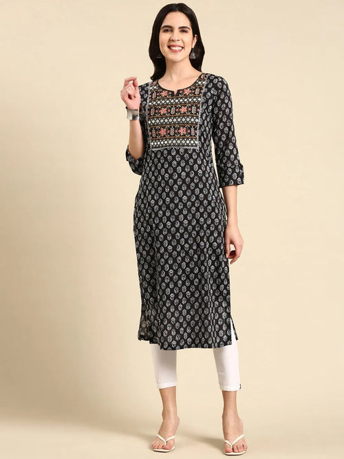 Women's Black Printed Straight Kurta-AT-A752-Black