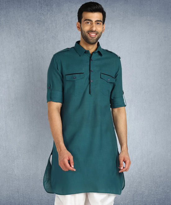 Hangup Men Standard Solid Men's Indian Wear-ST09916_Grn_PathaniKurta