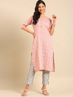 Women's Pink Embellished Straight Kurta-SKC-3266-Pink