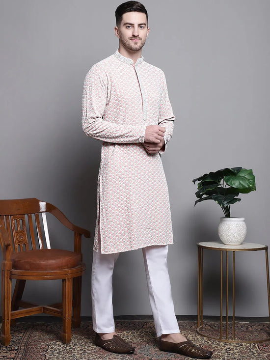 Sequin Embroidered Pure Cotton Kurta with Pyjamas-JOKP-P-5008Peach