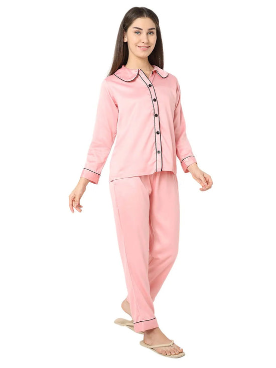 Smarty Pants Women's Silk Satin Baby Pink Color Night Suit