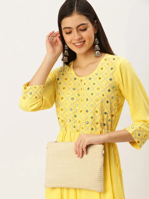 Women's Yellow Embroidered Anarkali Kurtas-AT-144-LG-Yellow