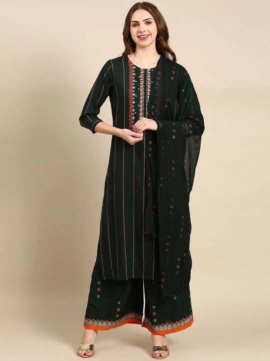 Women's Green Striped Kurta Set-GW-1686-Green