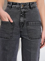 Women Black Washed Patch Pocket Straight Jeans