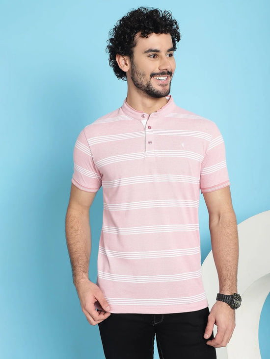 Venitian Men Henley Neck Striped Cotton Pink T-Shirt