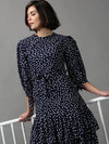 Women's Blue Printed Drop-Waist Dress-AE-15622-Navyblue