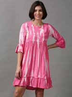 Women's Pink Tie Dye Empire Dress-ON-584-Pink