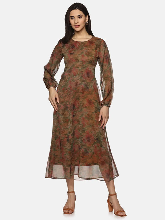 Floral Brown Cut Out Midaxi Dress-17333