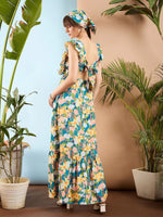 Women Sea Green Floral Back Tie Maxi Dress