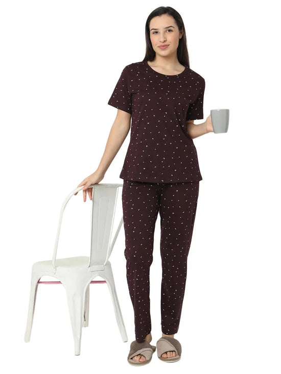 Smarty Pants Women's Cotton Lycra Wine Color Heart Print Night Suit