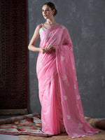 Saree Mall Women's Cotton Blend Pink Embroidered Designer Saree With Blouse Piece-12KAVI1201