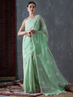 Saree Mall Women's Cotton Blend Green Embroidered Designer Saree With Blouse Piece-12KAVI1202