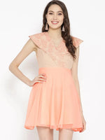 Broad collar with block print Skater Dress in Light peach