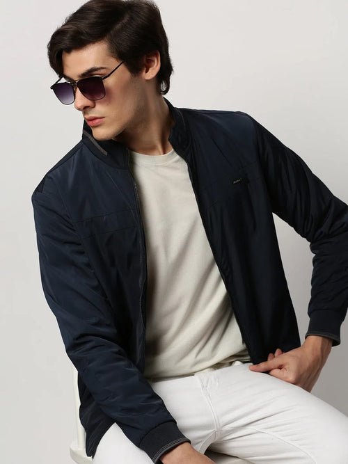 Men Navy Solid Casual Bomber Jackets-ZD-3403-Navyblue