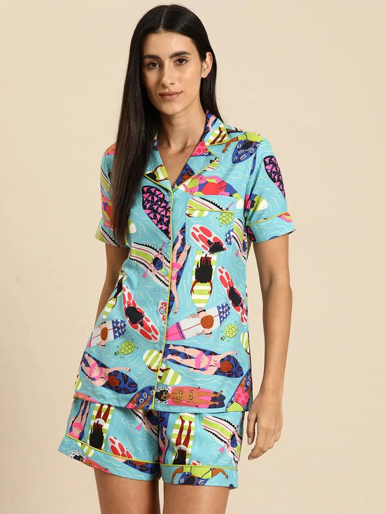 Shirt Shorts nightwear set in Aqua Blue Print