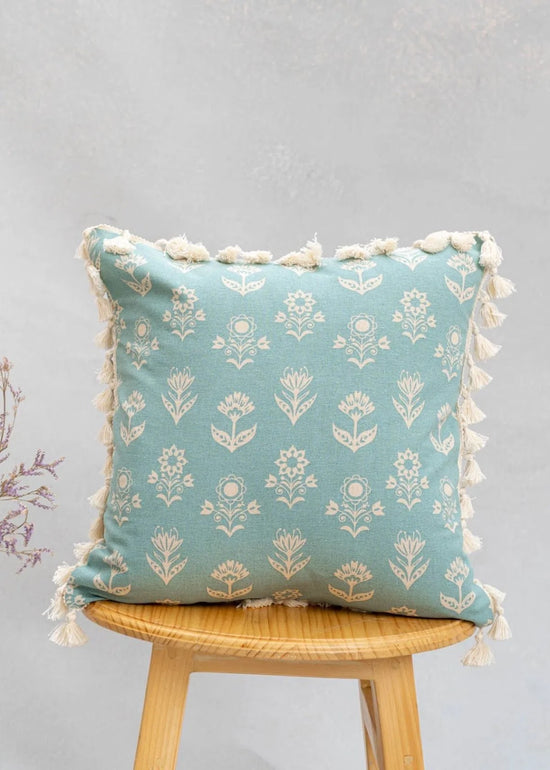 Dahlia Printed 100% cotton floral cushion cover for sofa with tassels - Nile Blue-230451014